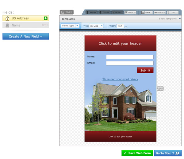 Web Form Generator with a template loaded.