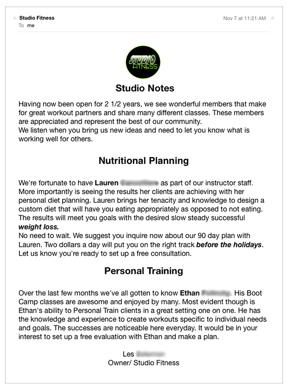 Example of an email from Studio Fitness with a poor call to action