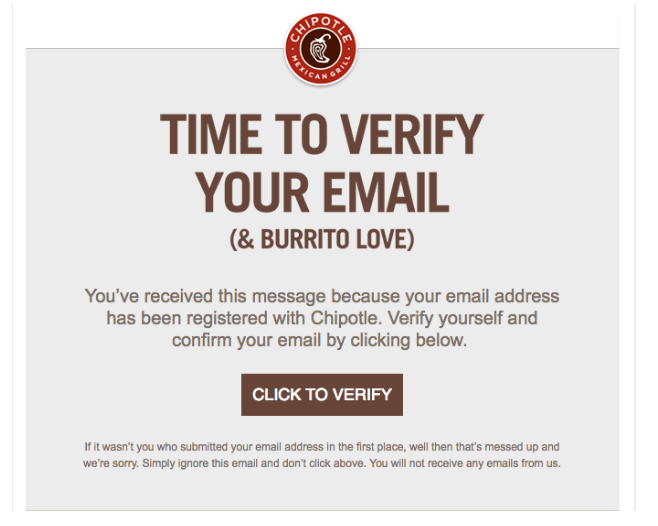 Confirmation email example from Chipotle