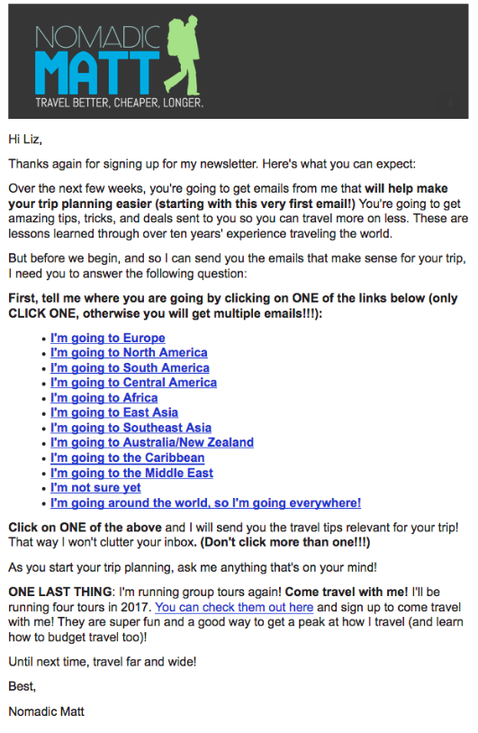 Example of a welcome email providing additional content for reader