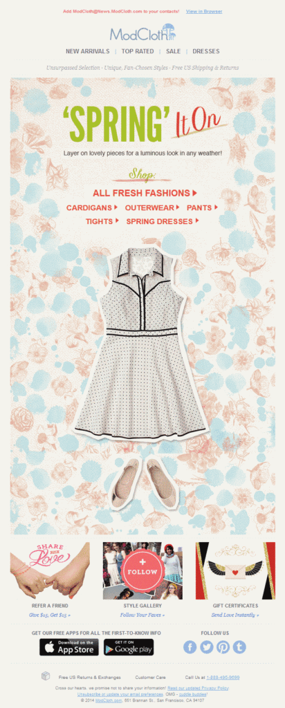 Email from ModCloth showing interchangeable spring clothes