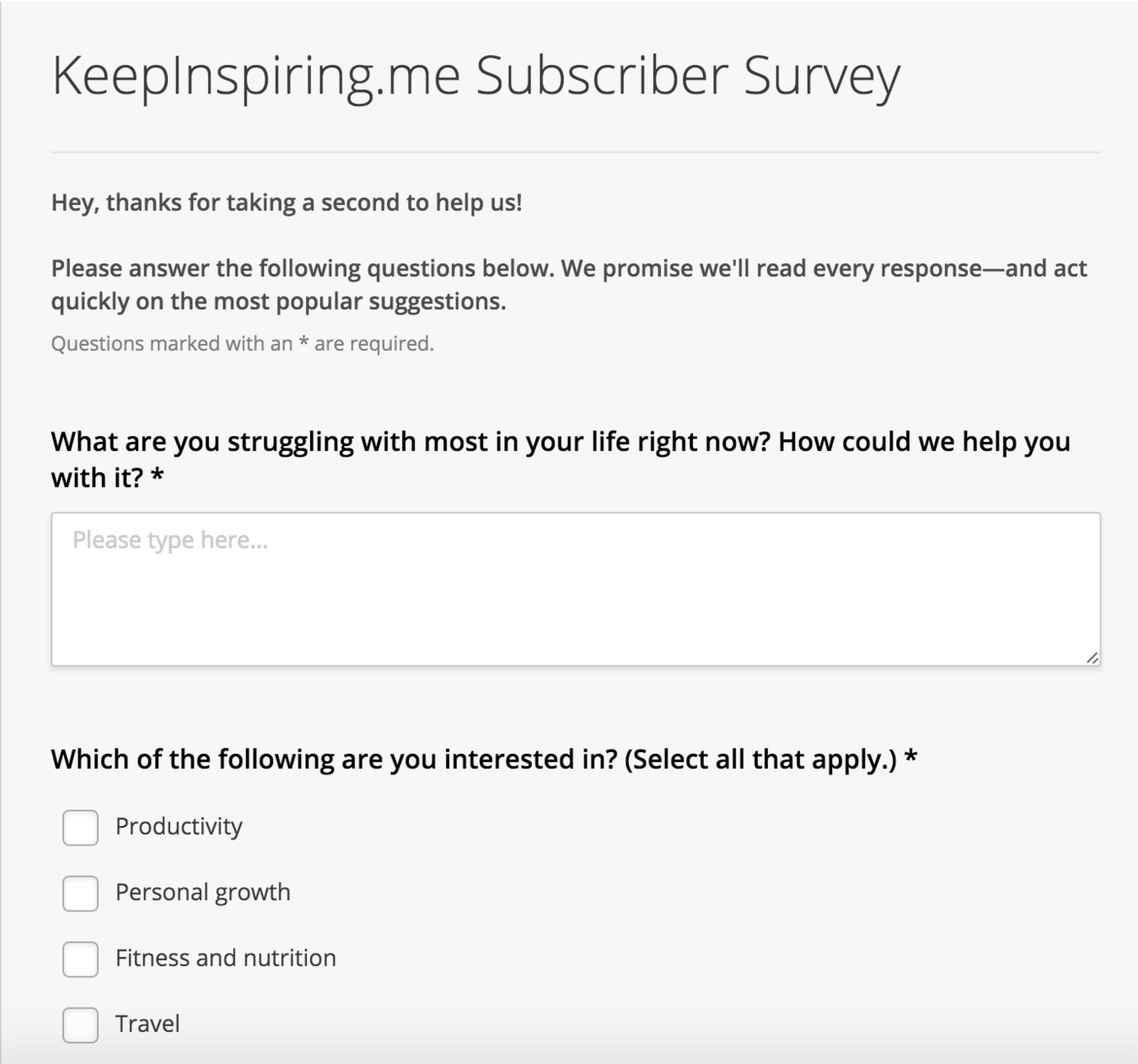 keepinspiring sample survey to subscribers