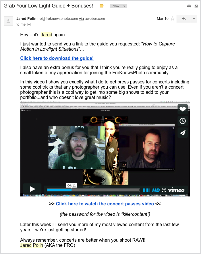 Example of email in an automated series, content contains free guide and bonus video