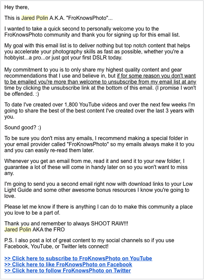 First email in an automated email series from FroKnowsPhoto