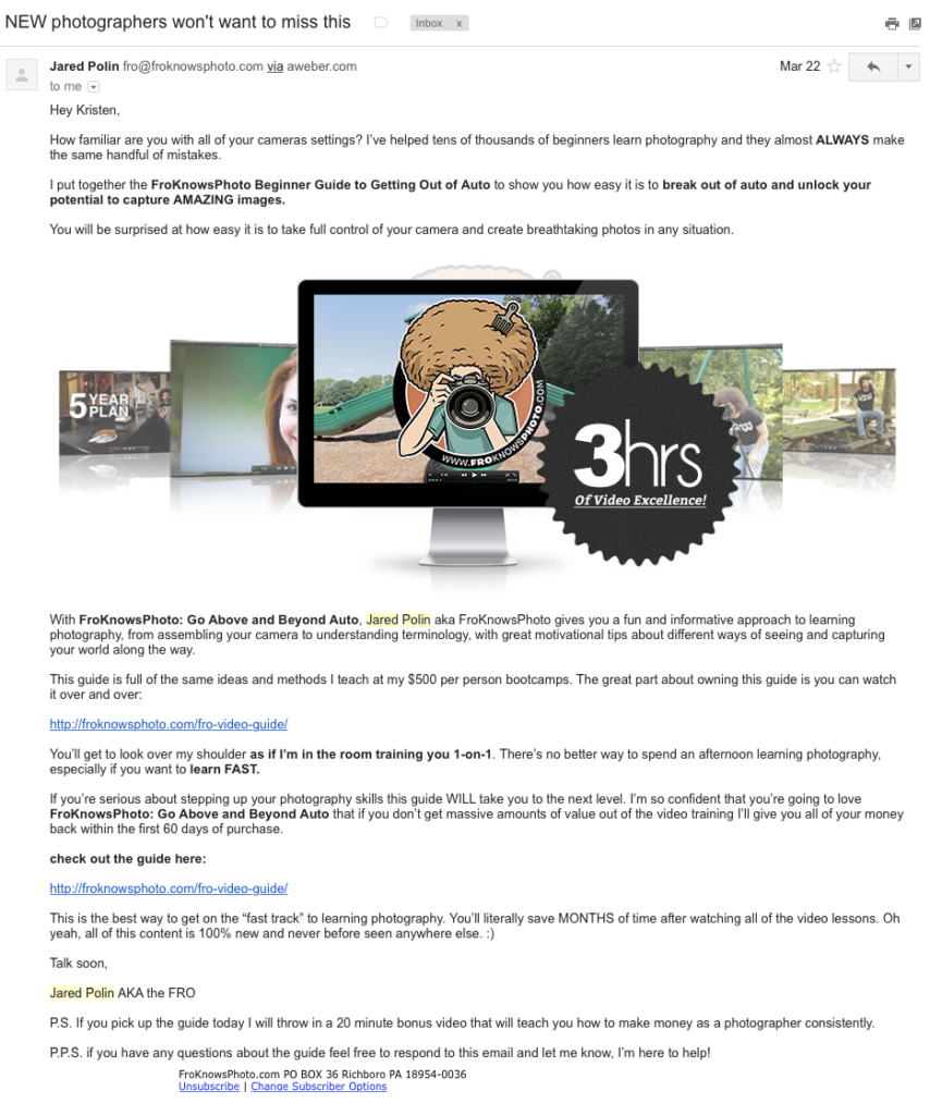 Promotional email example from FroKnowsPhoto