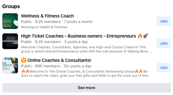 Example of coaching professional Facebook Groups that you can join