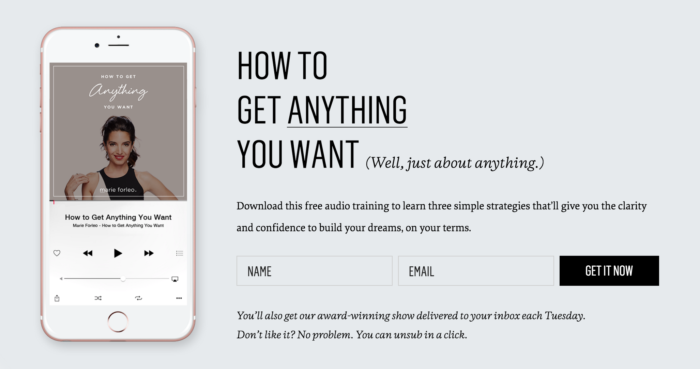 Sign up form example from author Marie Forleo keeps it really simple, asking for a subscribers name and email address only.