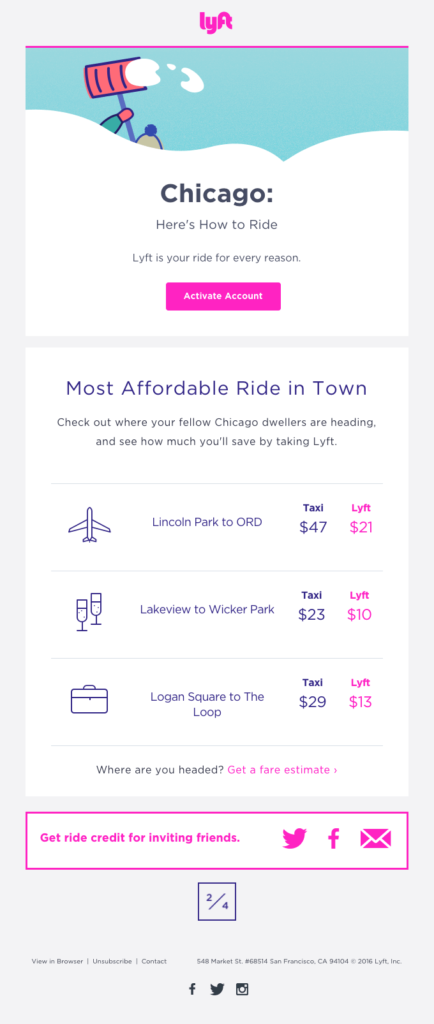 Email example from Lyft using pink in their welcome message