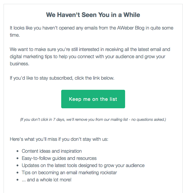 Re-engagement email example from AWeber