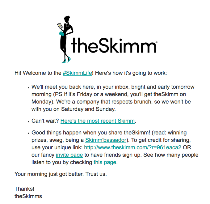Automated welcome email example from the Skimm