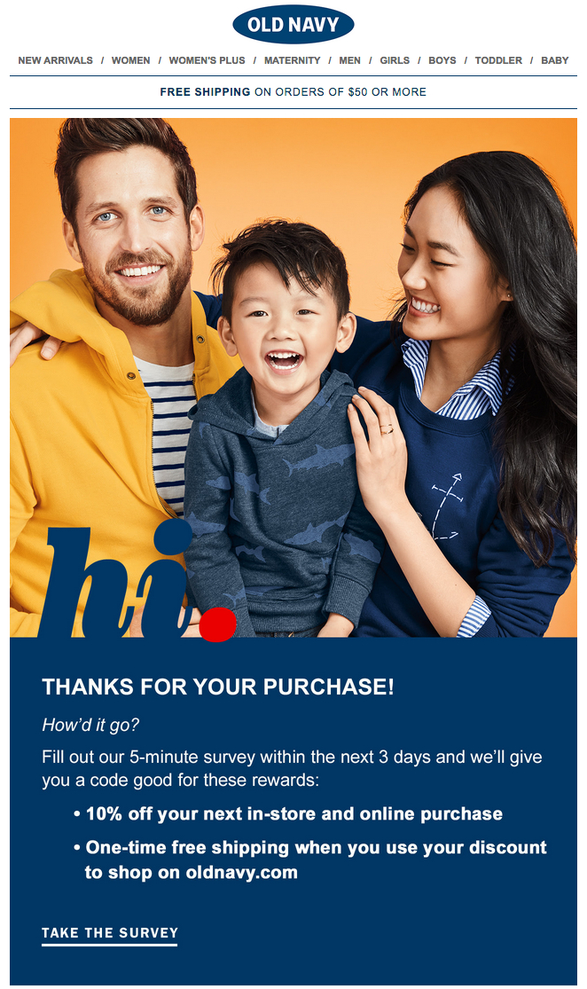 Post-purchase email survey from Old Navy
