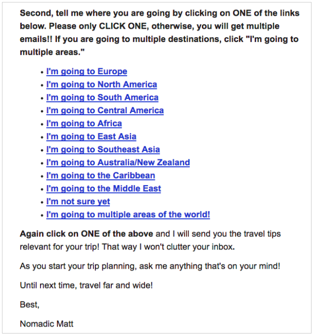Welcome survey email example from travel company Nomadic Matt