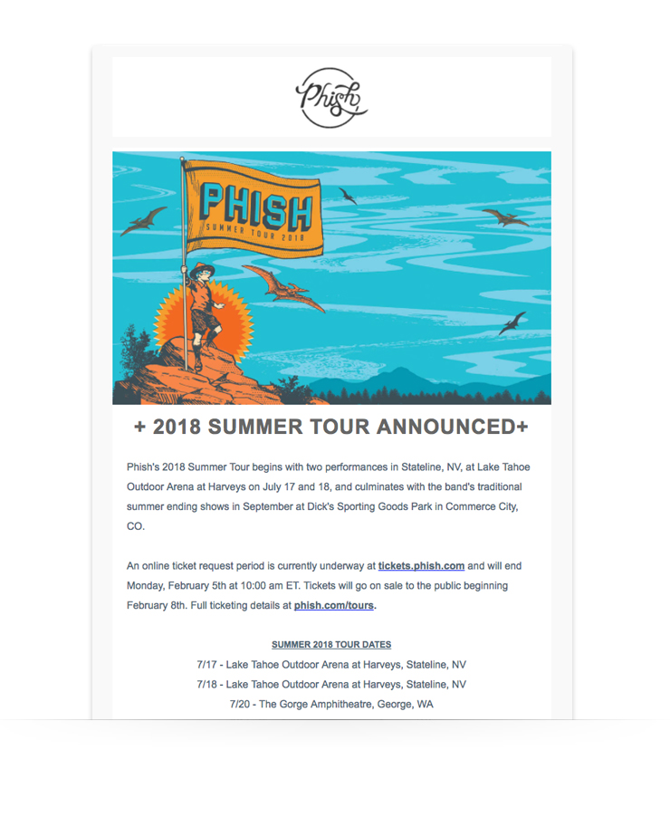 email newsletter example from the bank Phish announcing a summer tour
