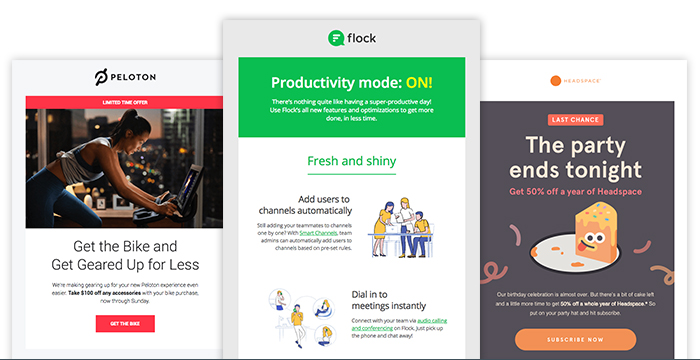 three different newsletter samples from Peloton, Flock and Headspace