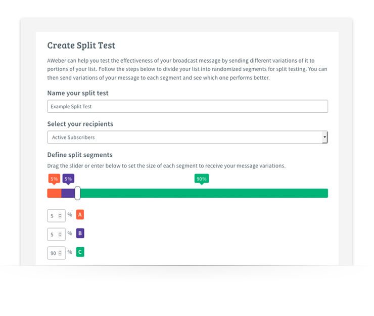 AWeber screen shot showing how to create a split test within platform