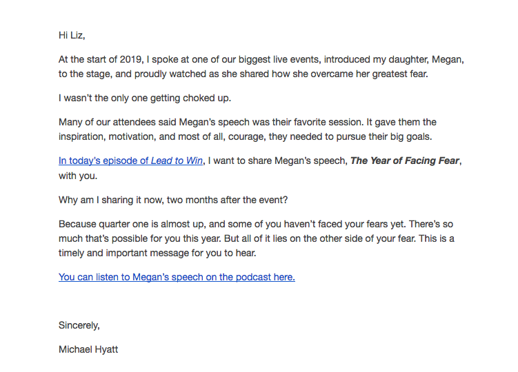 Example of a podcast episode email