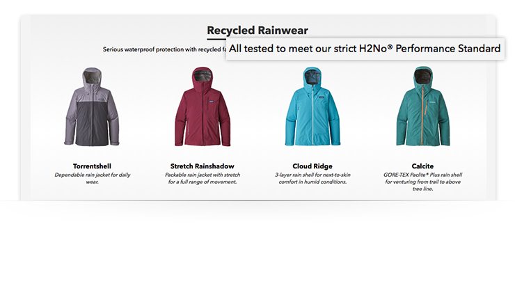 Recycled Rainwear highlighting their brand differentiator. 