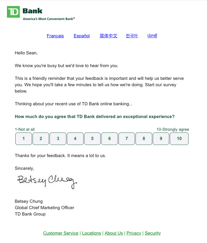 TDBank's customer satisfaction survey email
