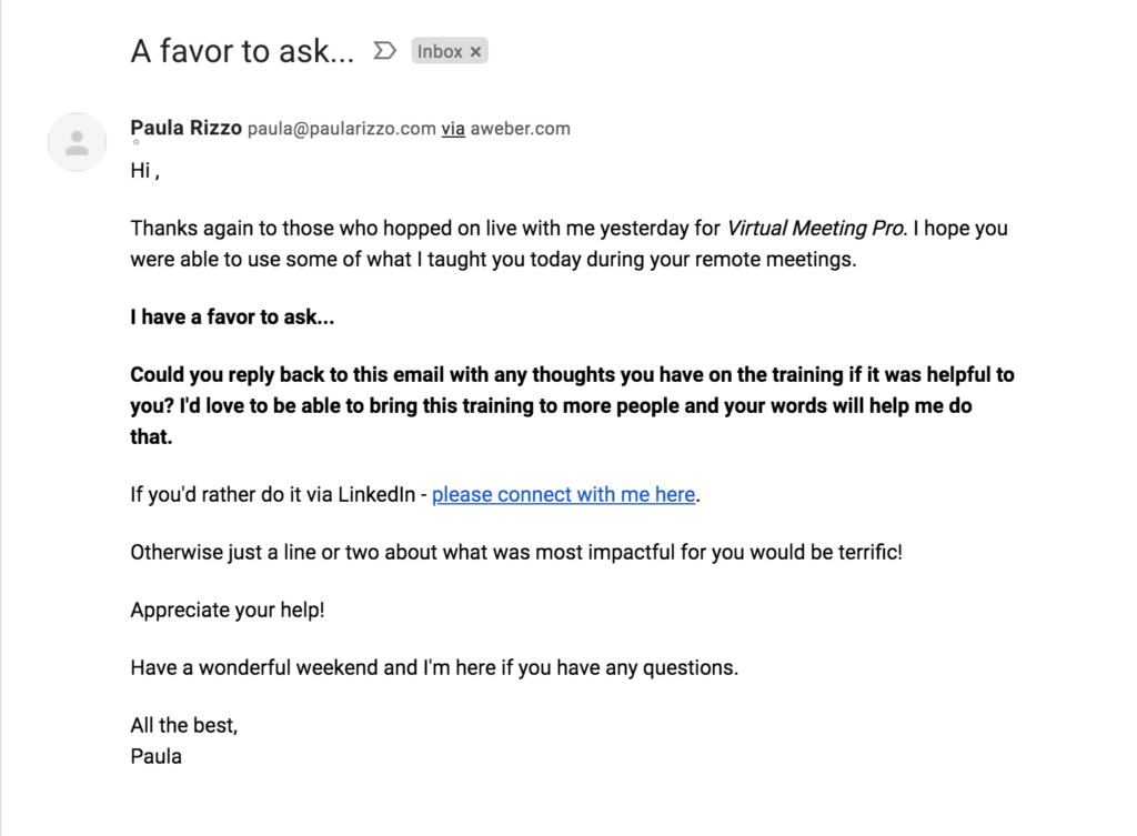 Email from Paula Rizzo asking for customer feedback