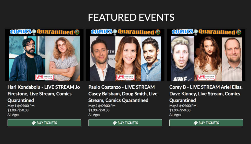 Feature events page listing comedians participating in the live stream.
