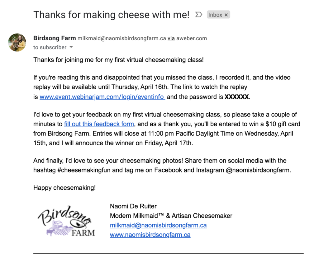 Thank you for making cheese with me email.