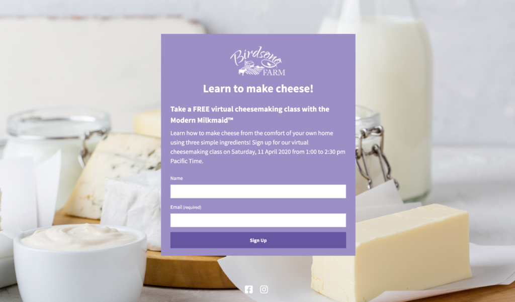Landing page for free cheese making class