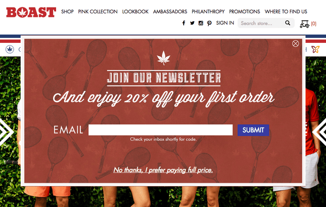 Incentivizing an email sign up with 20% off first order
