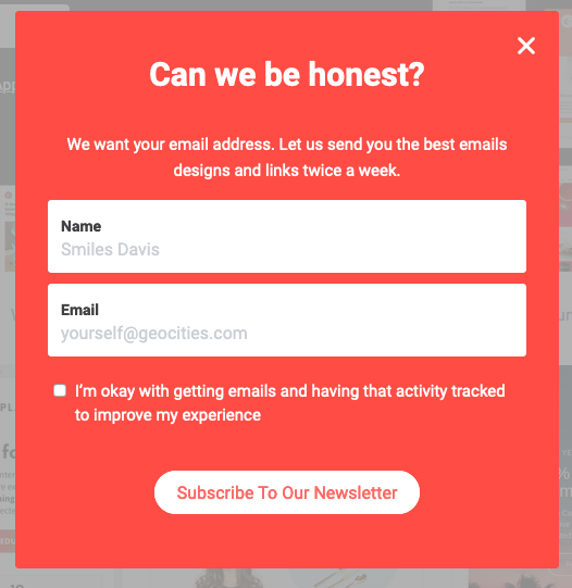 An example of conversation copy on the newsletter sign up form