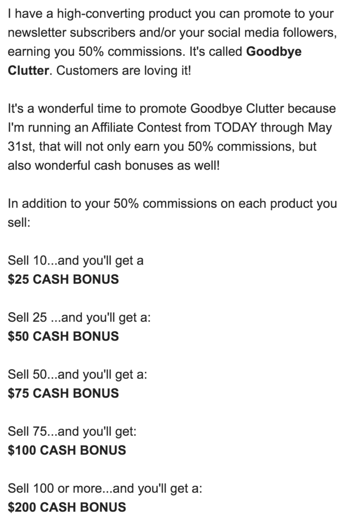 GetOrganizedNow.com email to affiliates about contest to earn a cash bonus