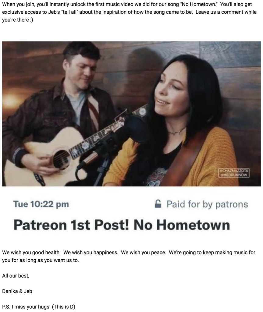 Email of Danika & the Jeb first post on Patreon.