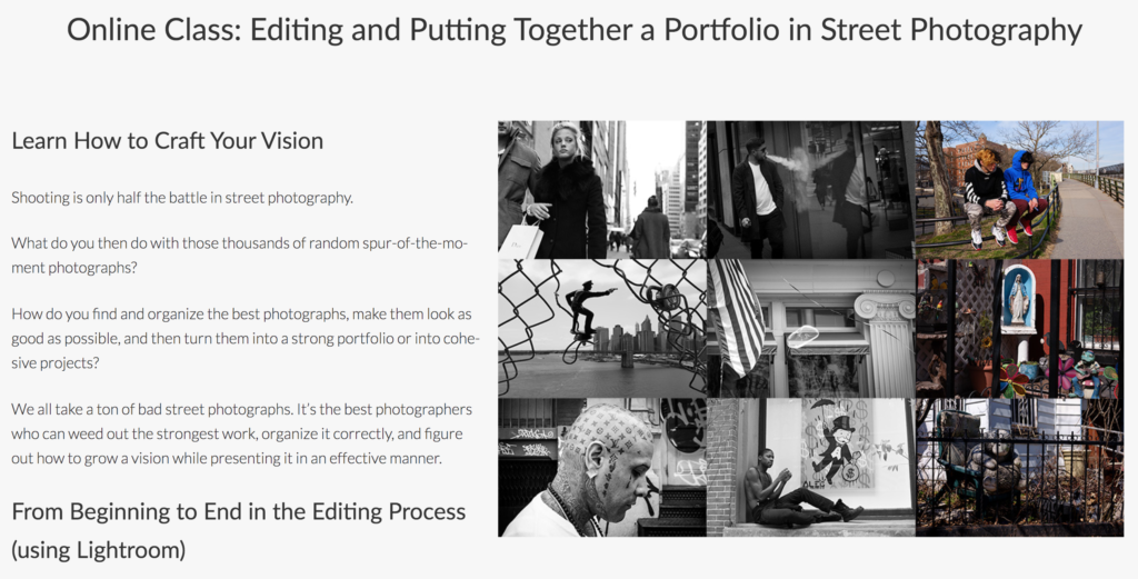 Landing page for the online class: Editing and Putting Together a Portfolio in Street Photography