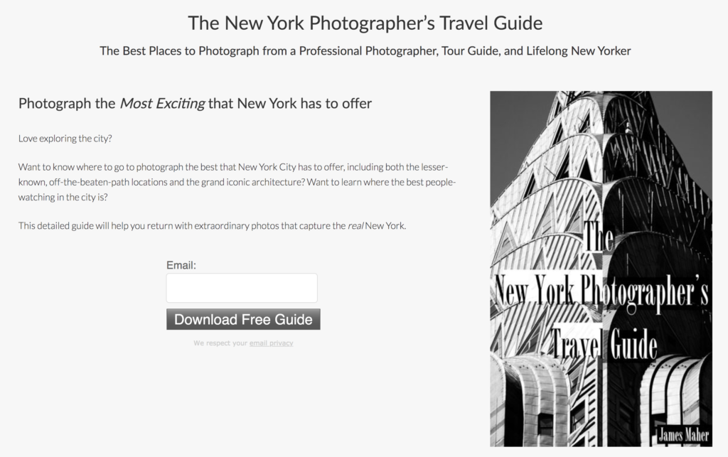 The New York Photographer's Travel Guide sign up form.