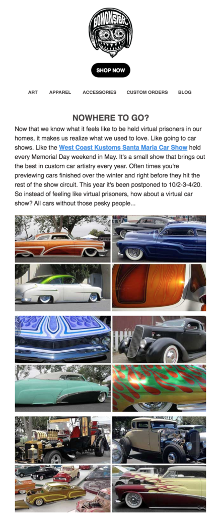 BOMONSTER email on virtual car show.