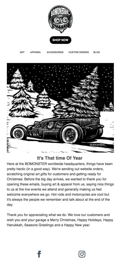 Holiday email from BOMONSTER with a Santa hot rod graphic.