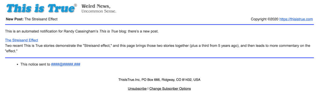Example of This is True new blog post notification.