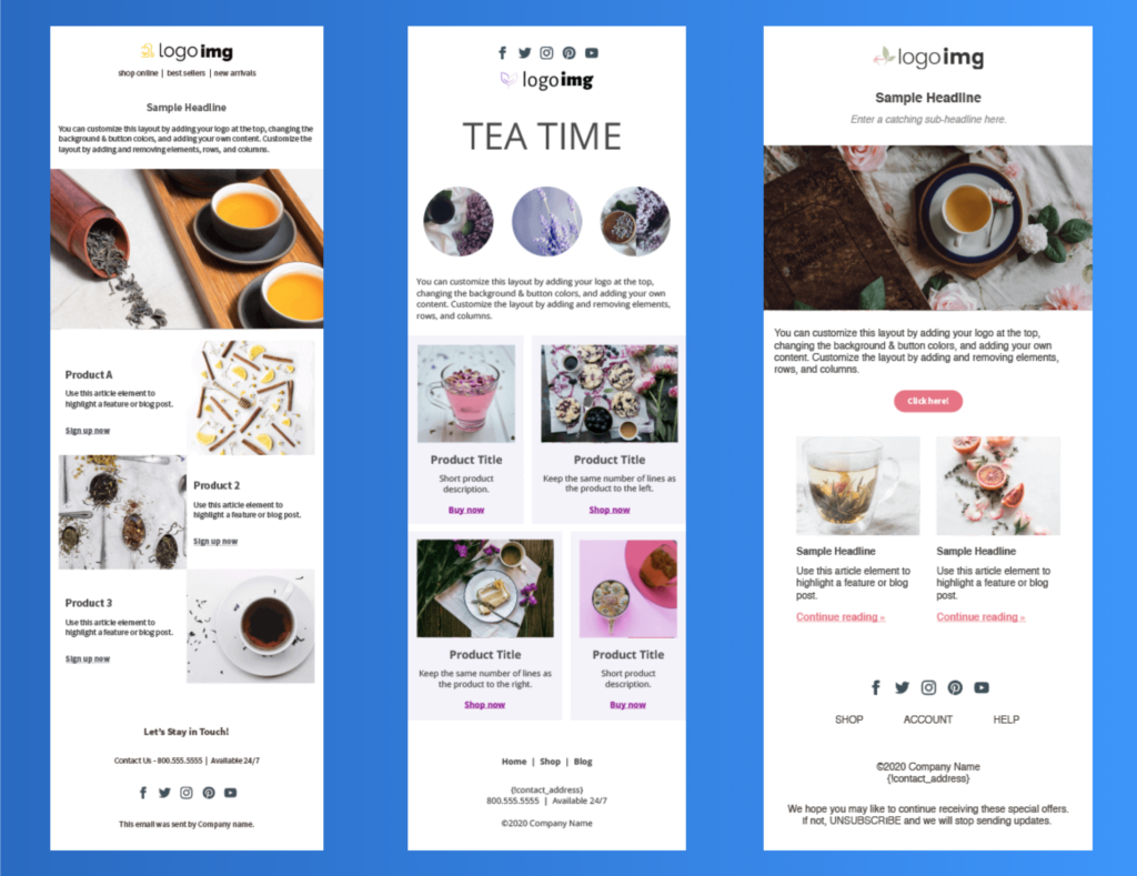 Examples of the Tea Time email template to design to sell products.