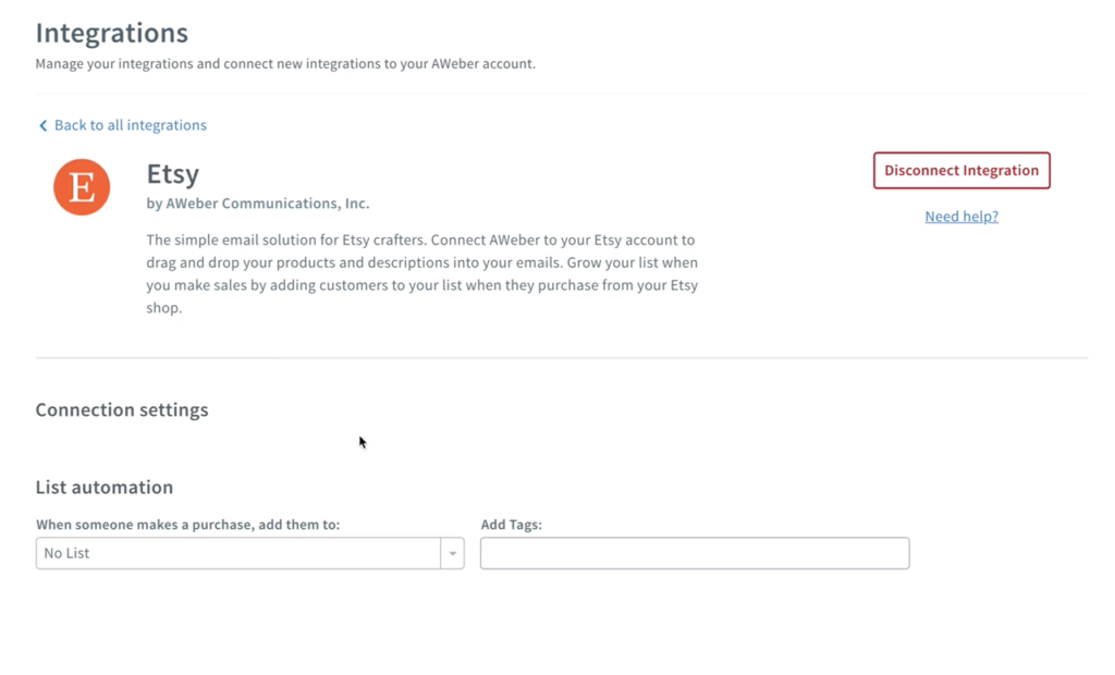 AWeber Etsy integration screen shot