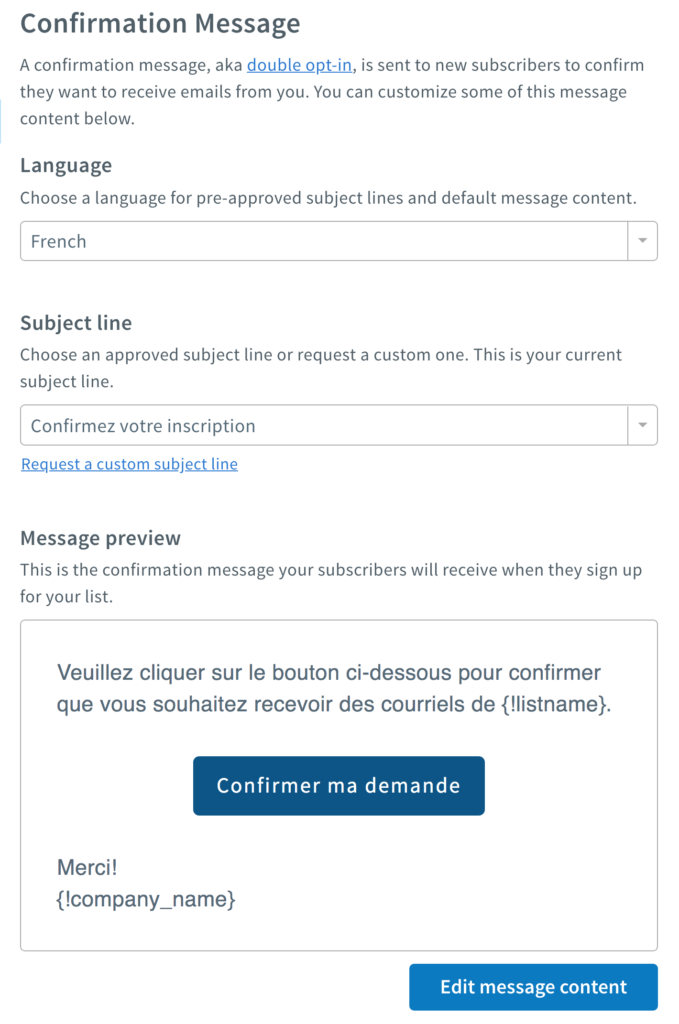 Example of French confirmation message.