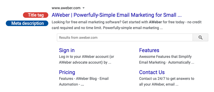Example of a title tag and meta description with an AWeber search