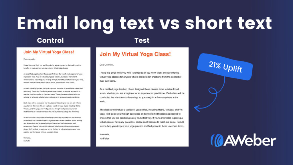 AB split test example showing long email vs short email