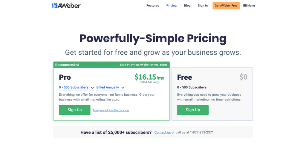AWeber Powefully-Simple Pricing for Paid and Free plans