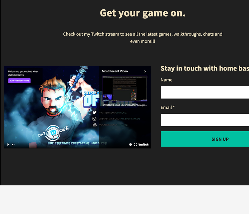 Landing page with Twitch embedded