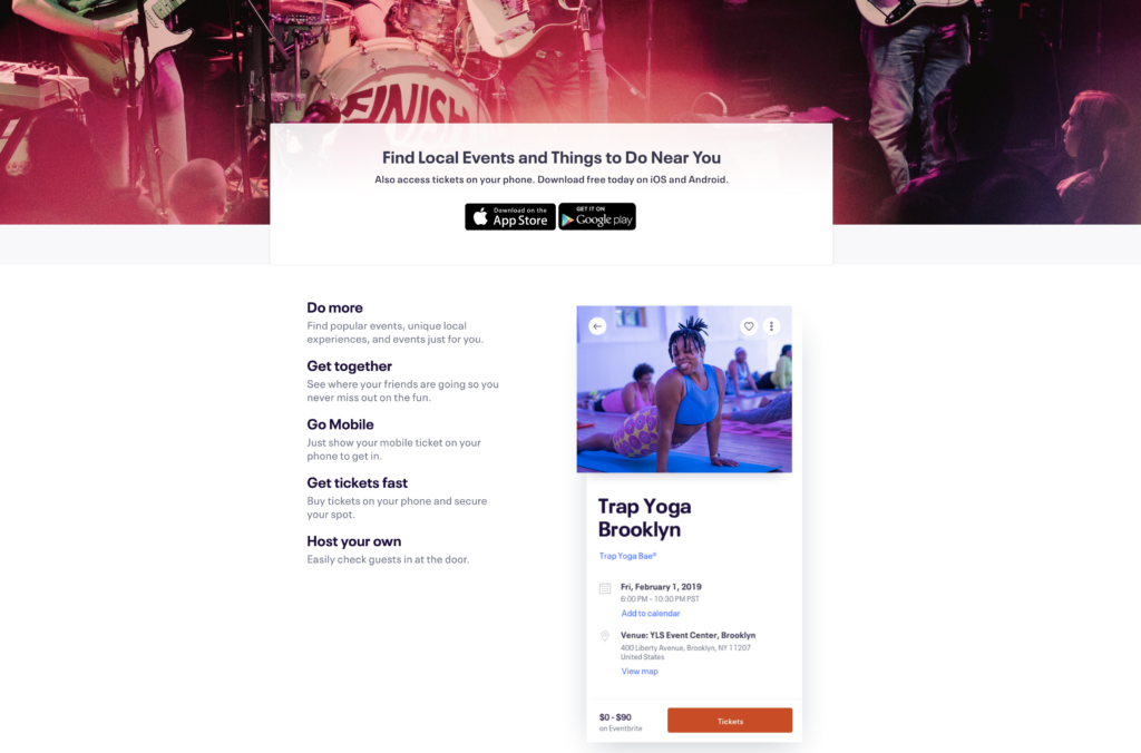 Eventbrite app landing page