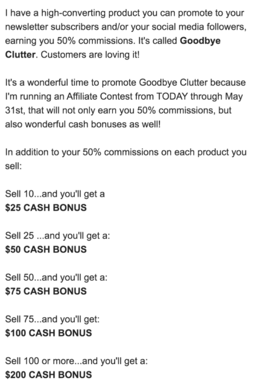 GetOrganizedNow.com email to affiliates about contest to earn a cash bonus