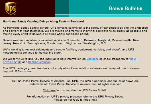 Email from UPS informing customers of delays caused by hurricane
