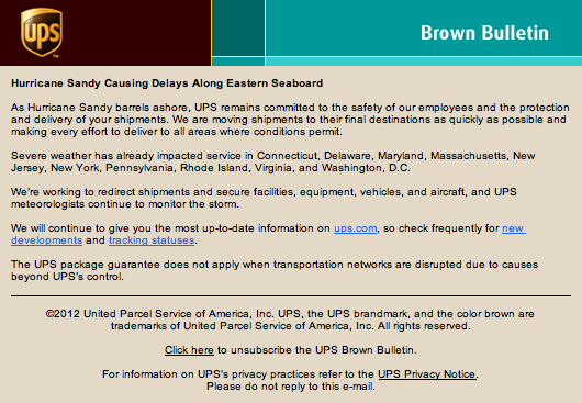 Correo electrónico de UPS notificando a los clientes sobre retrasos por huracanes