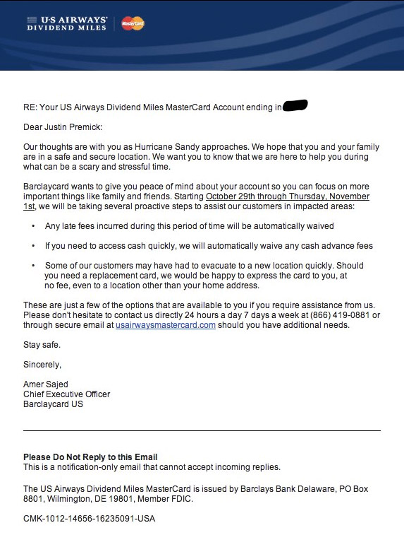 Correo electrónico de simpatía enviado durante el huracán Sandy por US Airways