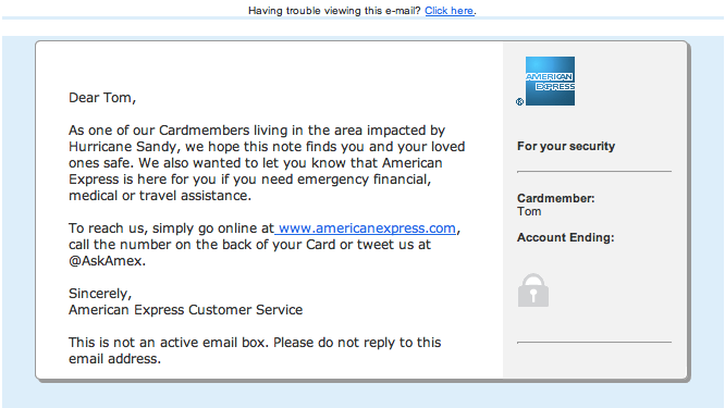 Sympathy email from American Express 