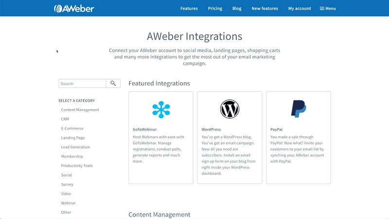 AWeber  dashboard to connect ecommerce integrations