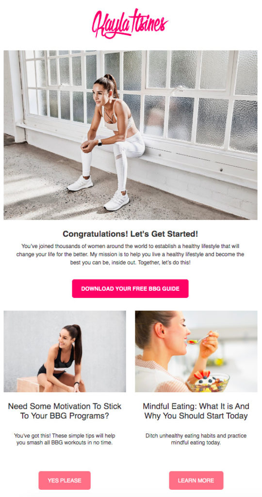 un exemple d'e-mail d'offre gratuite de Kayla Itsines